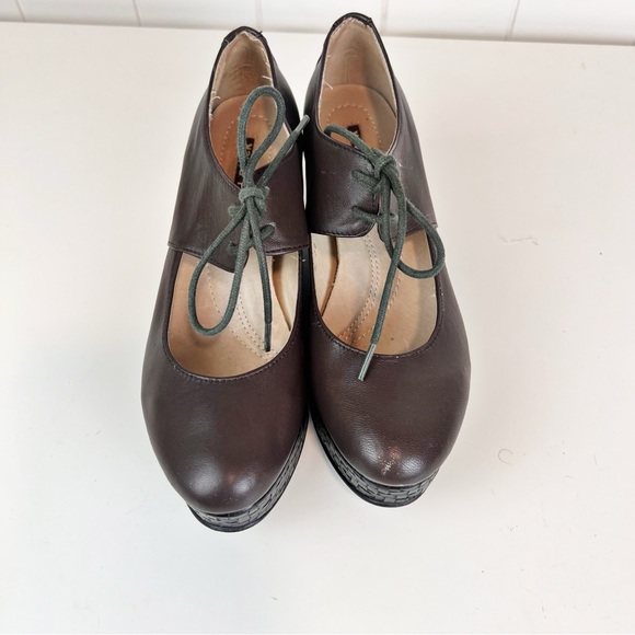 All Black Footwear Platform Lace up Mary Janes Brown Woven Embossed Size 38 - Picture 3 of 13